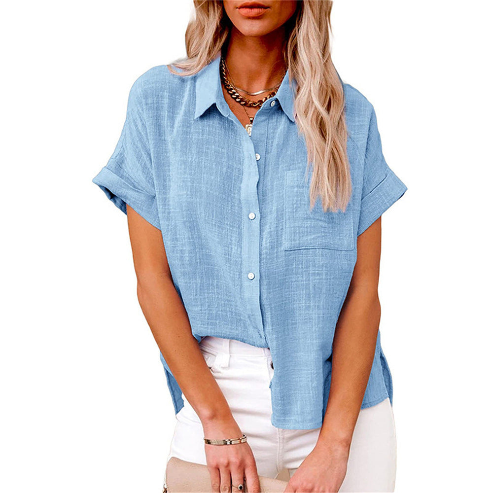 Blusa mujer lino manga corta cuello camisero ajuste relajado
