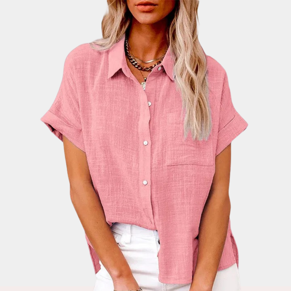 Blusa mujer lino manga corta cuello camisero ajuste relajado