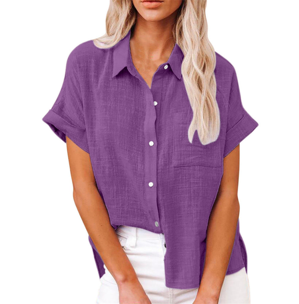 Blusa mujer lino manga corta cuello camisero ajuste relajado