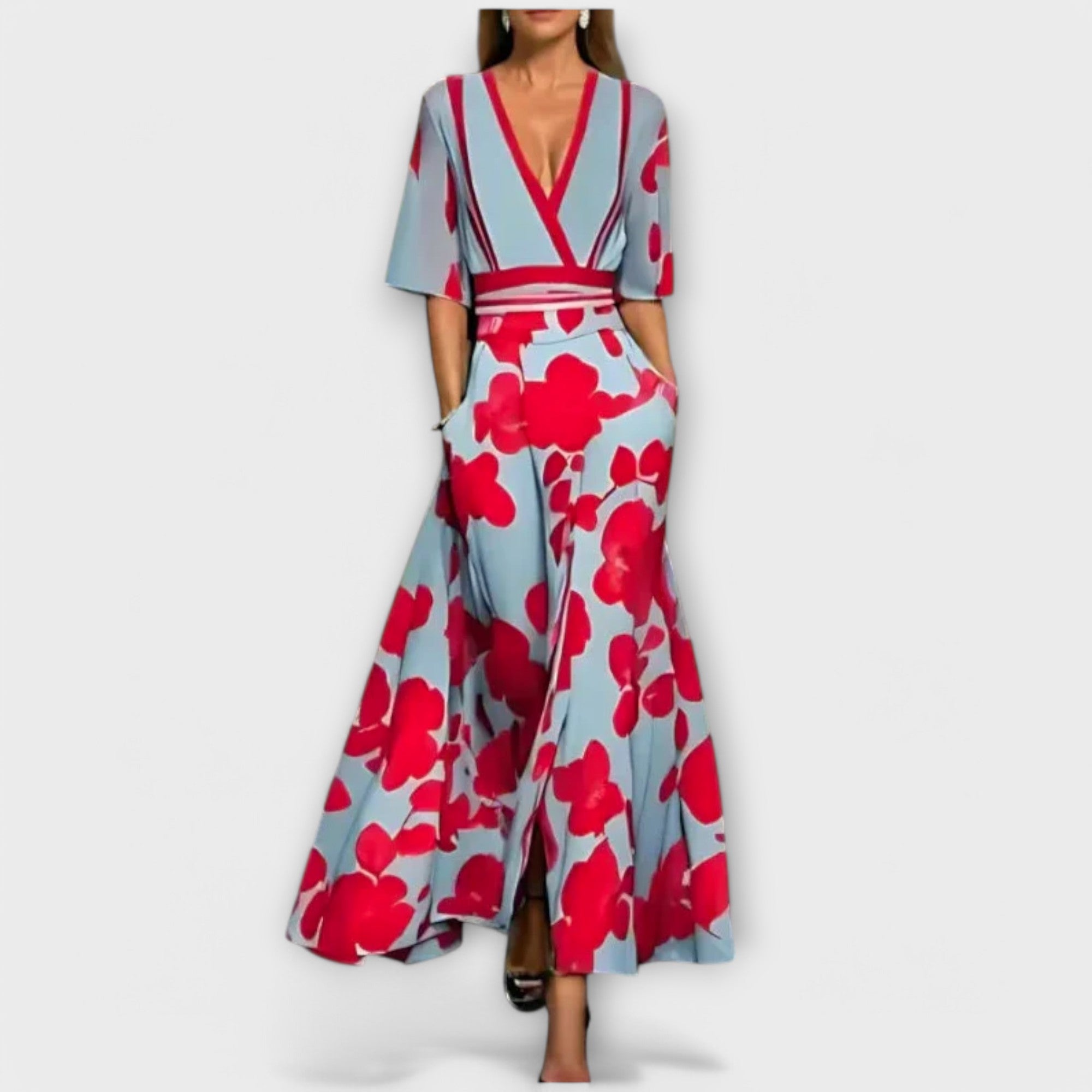 Vestido Largo de Mujer con Estampado de Flores y Escote en V
