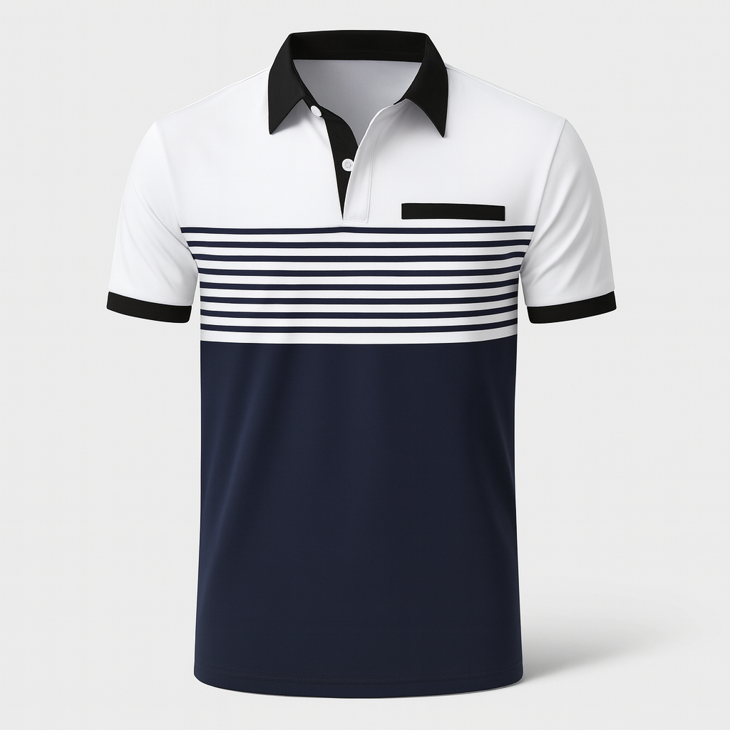 Men's short-sleeve striped polo shirt with button collar and regular fit