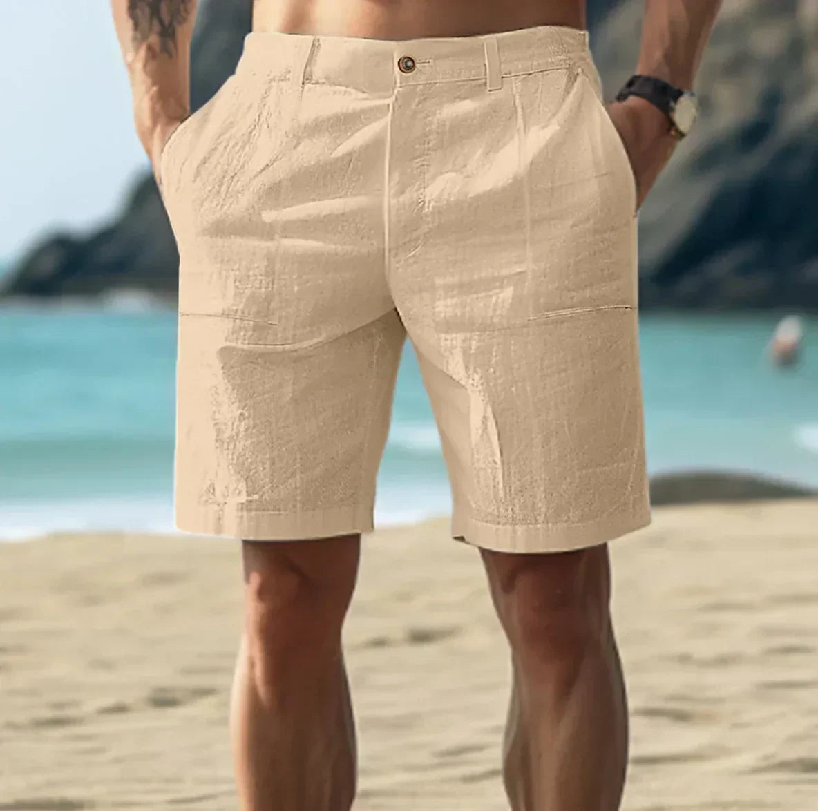Pantalones Cortos de Lino para Hombre con Cintura de Cordón y Bolsillos