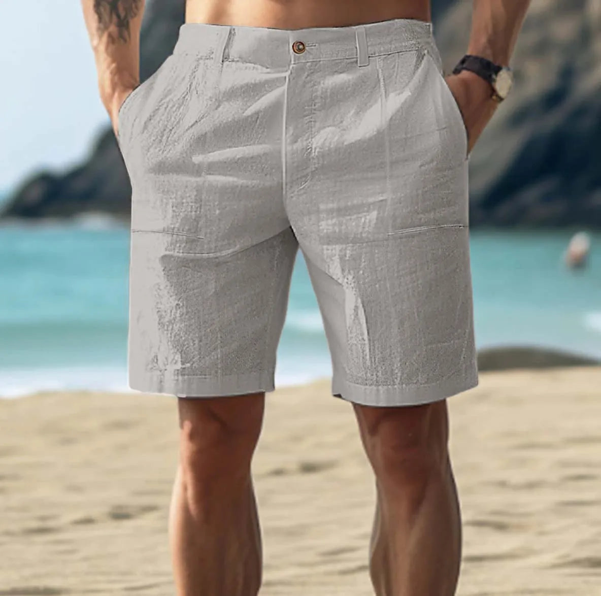 Pantalones Cortos de Lino para Hombre con Cintura de Cordón y Bolsillos