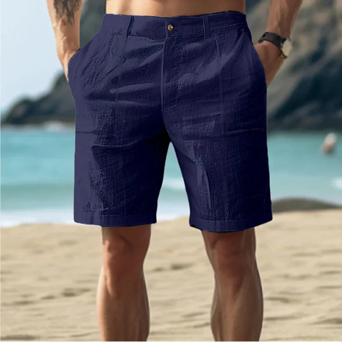 Pantalones Cortos de Lino para Hombre con Cintura de Cordón y Bolsillos