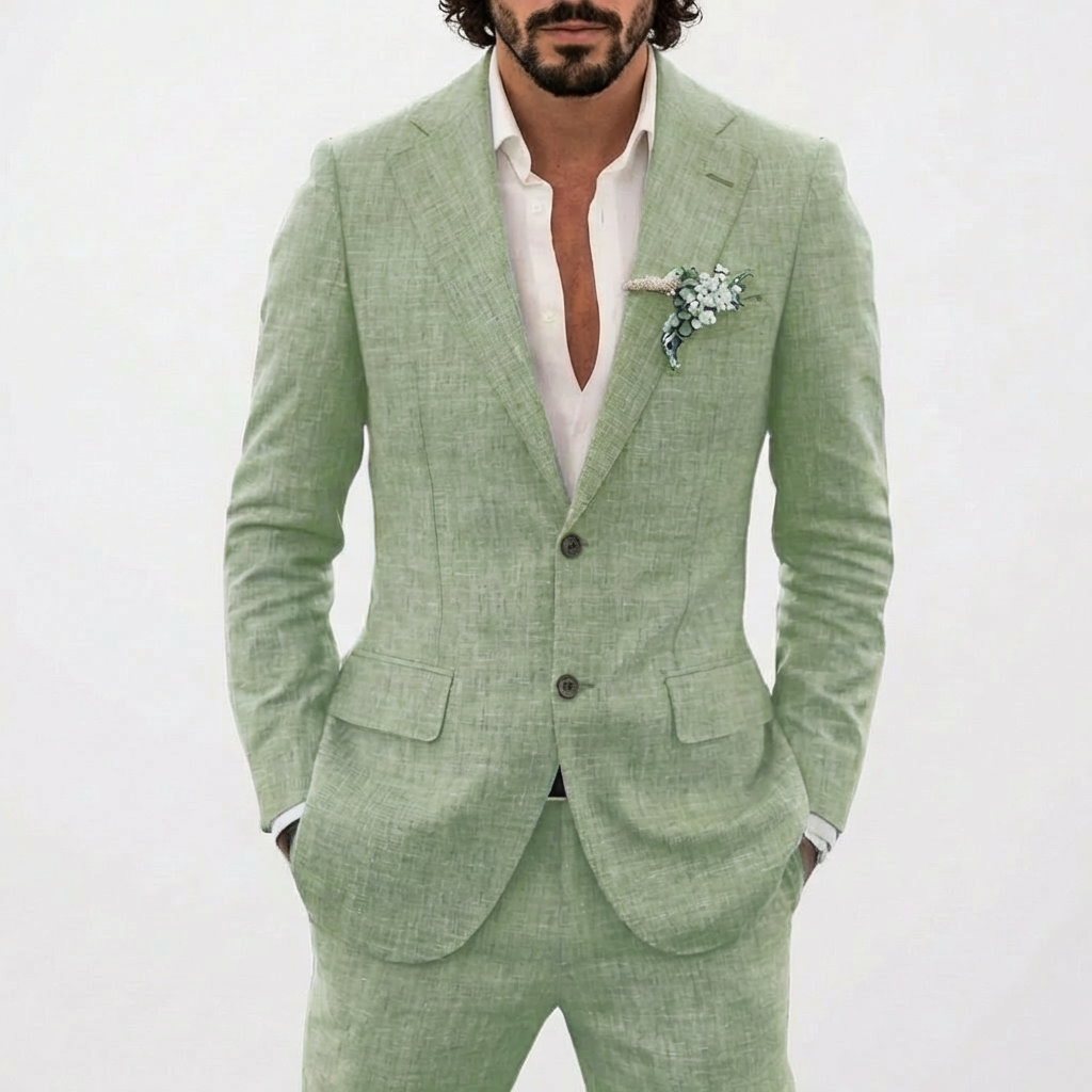 Traje de Lino de Dos Piezas para Hombre Slim Fit Blazer y Pantalones Conjunto Formal para Bodas