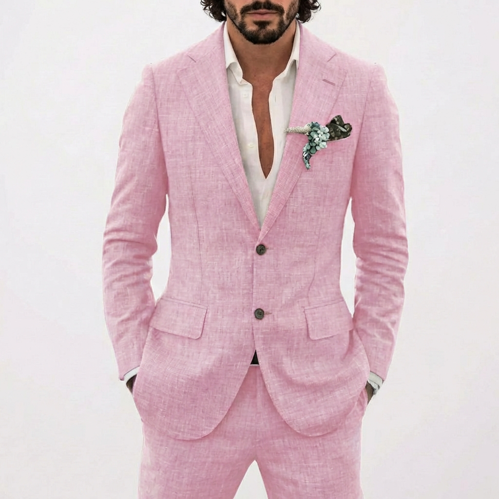 Traje de Lino de Dos Piezas para Hombre Slim Fit Blazer y Pantalones Conjunto Formal para Bodas