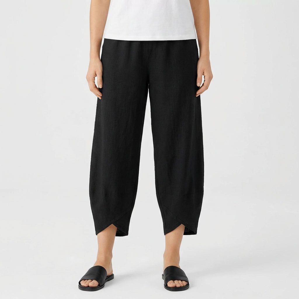 Pantalones Culotte de Algodón y Lino para Mujer con Bajo Asimétrico y Cintura Elástica