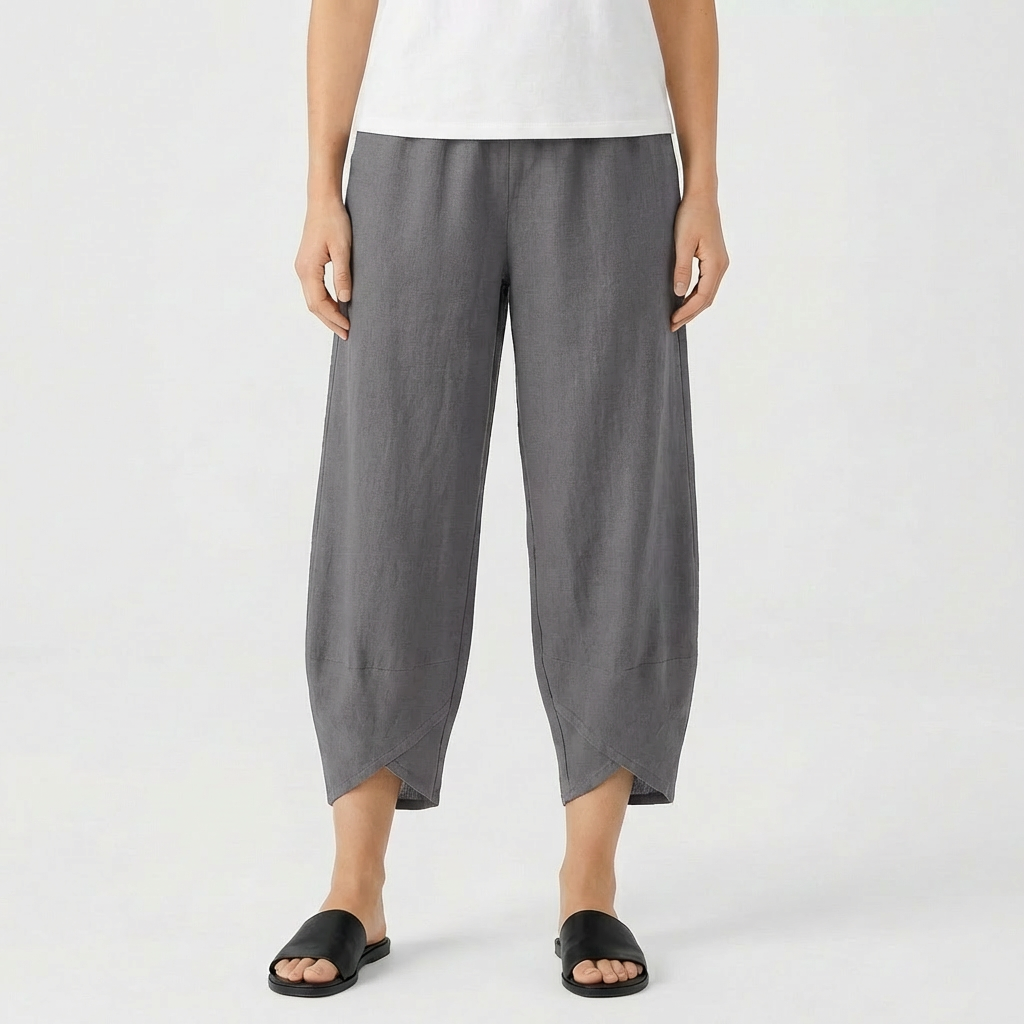 Pantalones Culotte de Algodón y Lino para Mujer con Bajo Asimétrico y Cintura Elástica