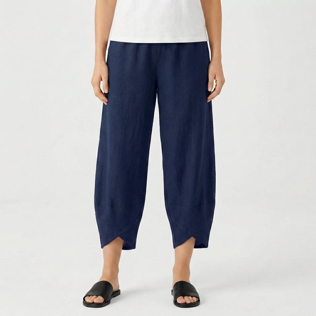 Pantalones Culotte de Algodón y Lino para Mujer con Bajo Asimétrico y Cintura Elástica