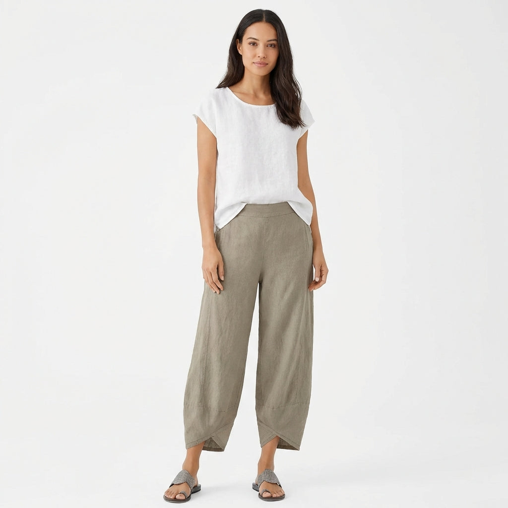 Pantalones Culotte de Algodón y Lino para Mujer con Bajo Asimétrico y Cintura Elástica