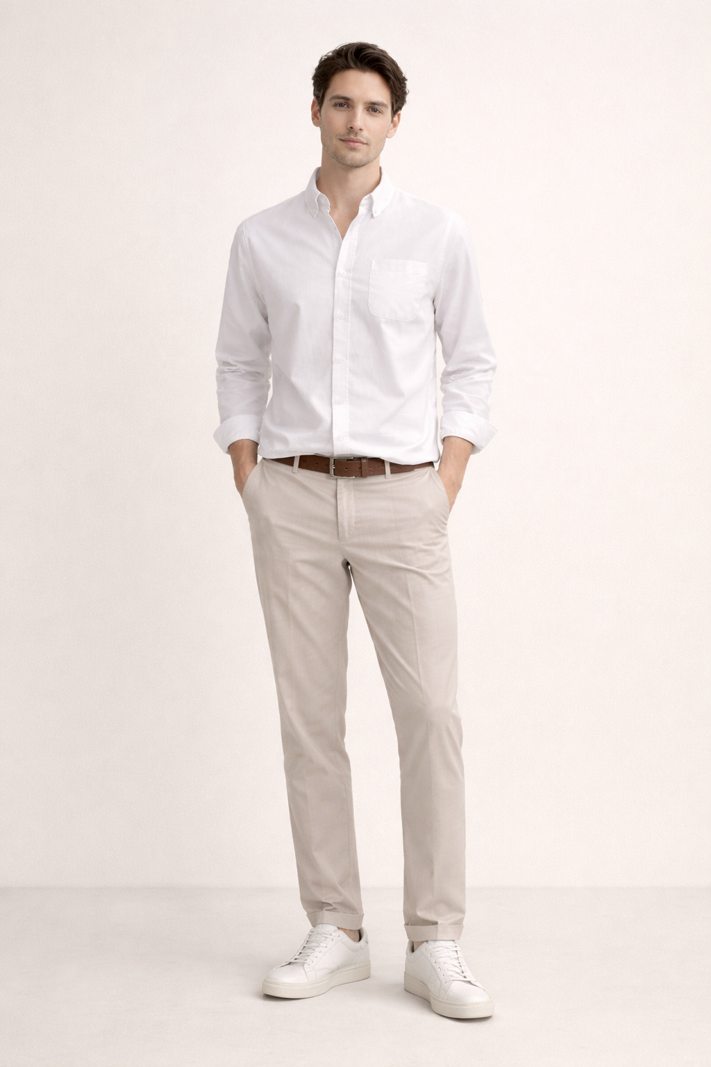Camisa Casual de Manga Larga con Bolsillo en Pecho y Corte Recto para Hombre