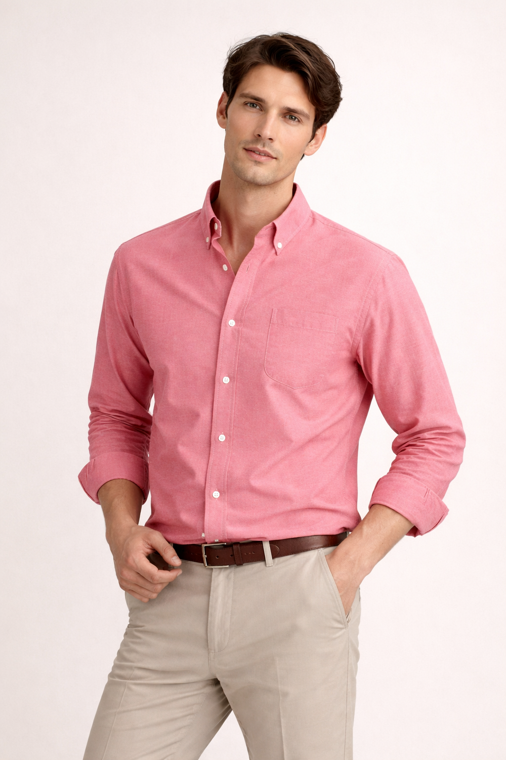 Camisa Casual de Manga Larga con Bolsillo en Pecho y Corte Recto para Hombre