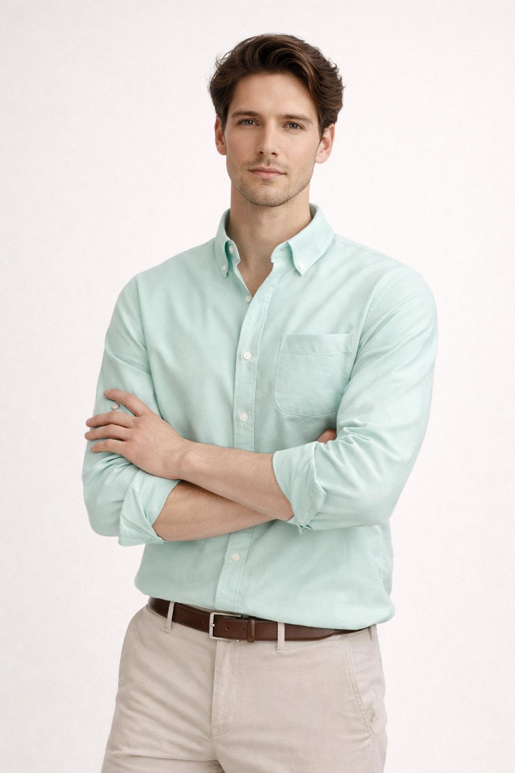Camisa Casual de Manga Larga con Bolsillo en Pecho y Corte Recto para Hombre