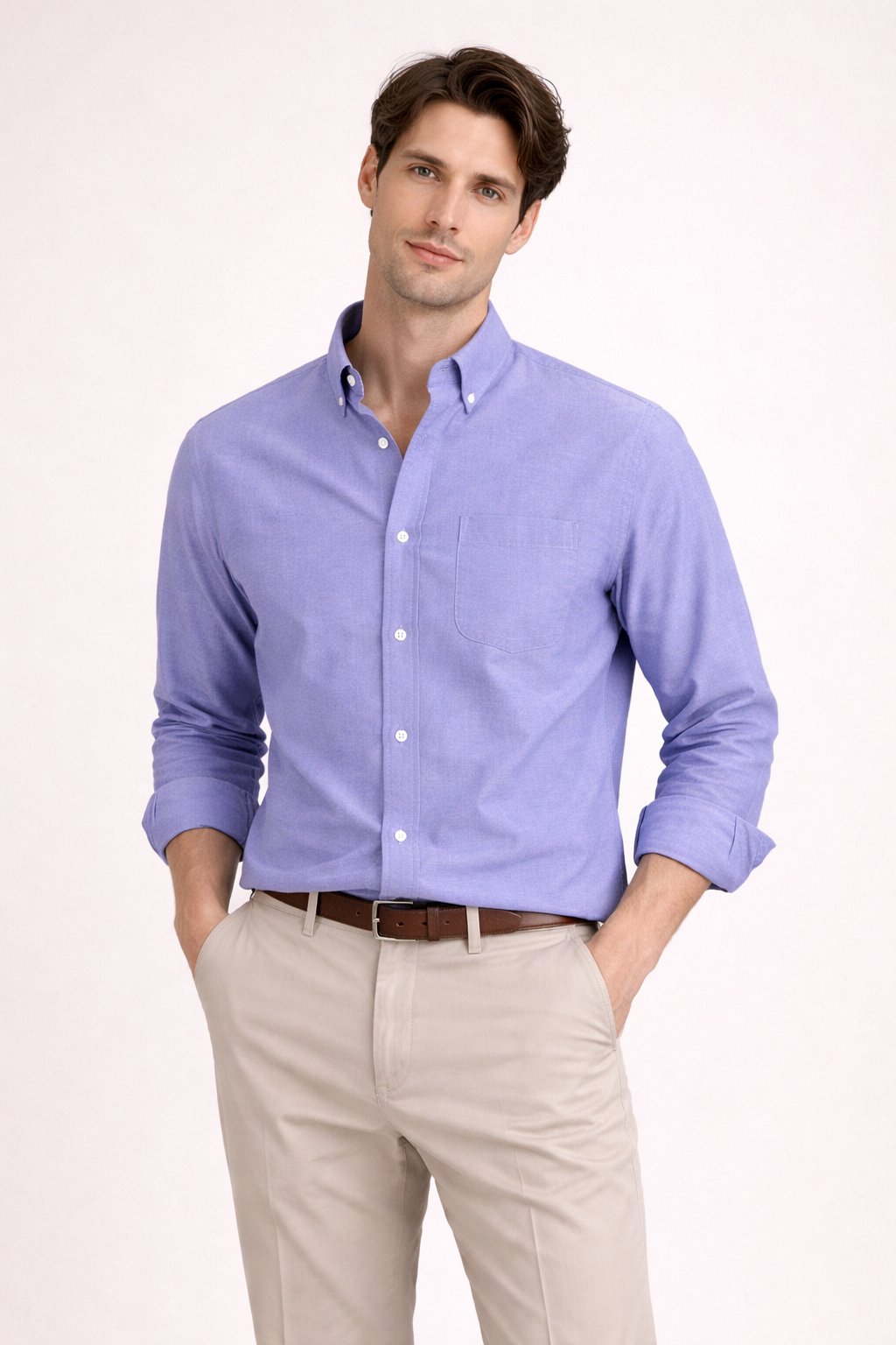 Camisa Casual de Manga Larga con Bolsillo en Pecho y Corte Recto para Hombre