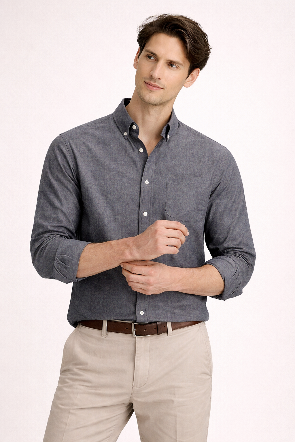 Camisa Casual de Manga Larga con Bolsillo en Pecho y Corte Recto para Hombre