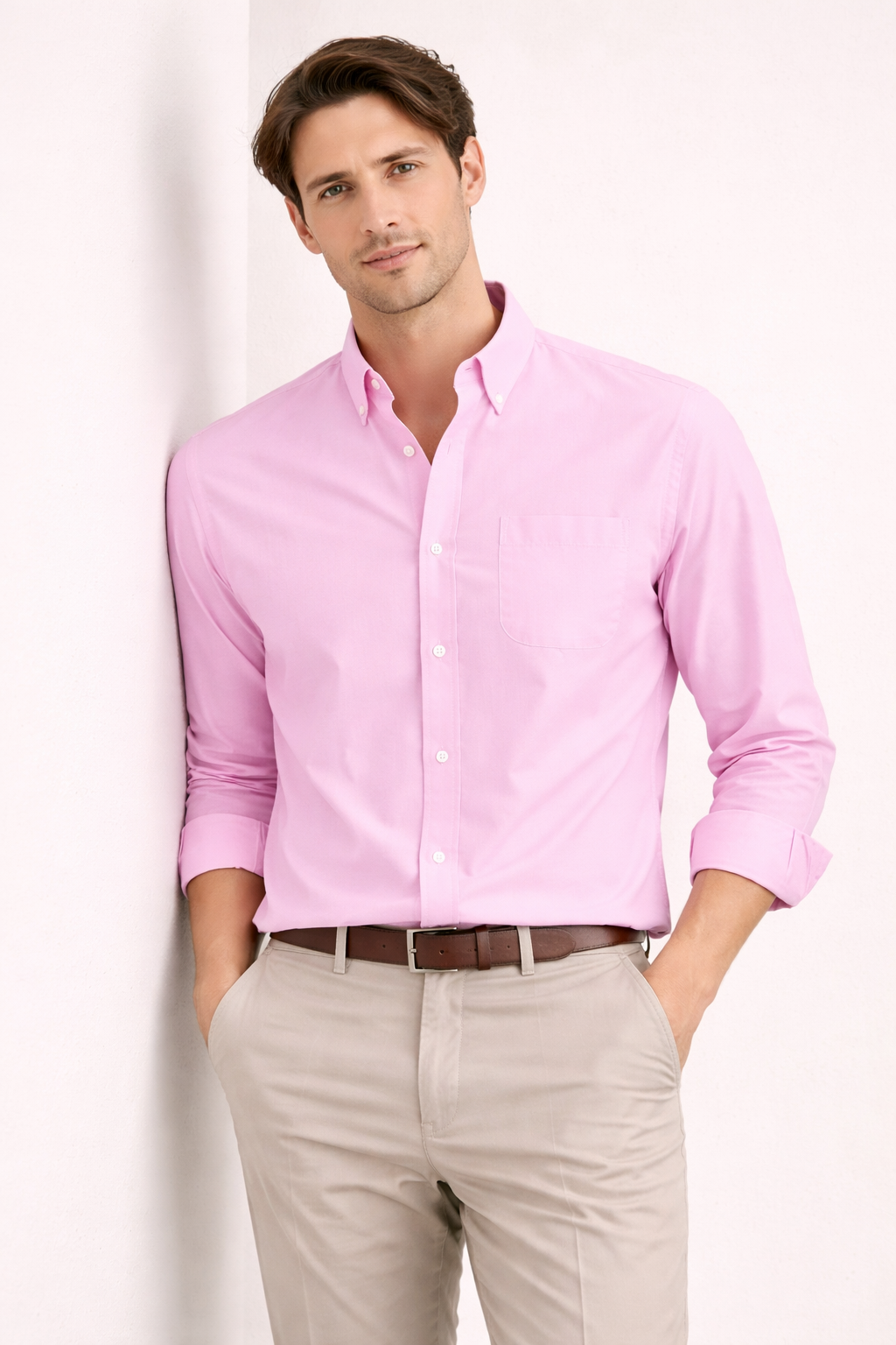 Camisa Casual de Manga Larga con Bolsillo en Pecho y Corte Recto para Hombre