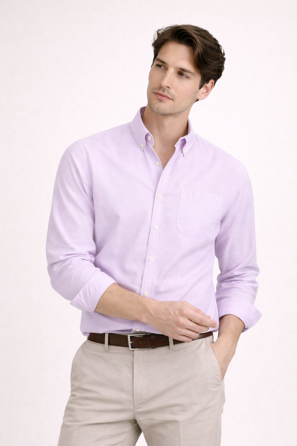 Camisa Casual de Manga Larga con Bolsillo en Pecho y Corte Recto para Hombre