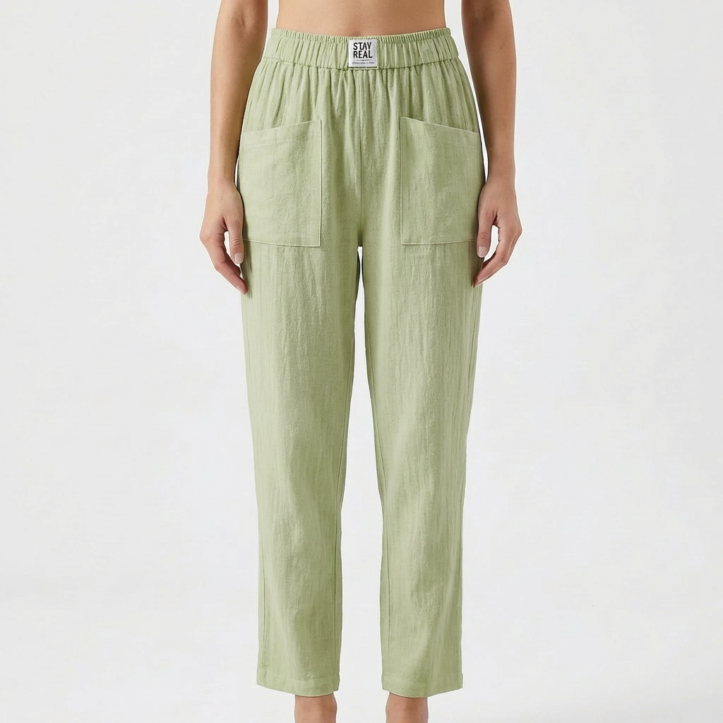 Pantalones de Algodón y Lino para Mujer con Cintura Elástica y Bolsillos de Parche