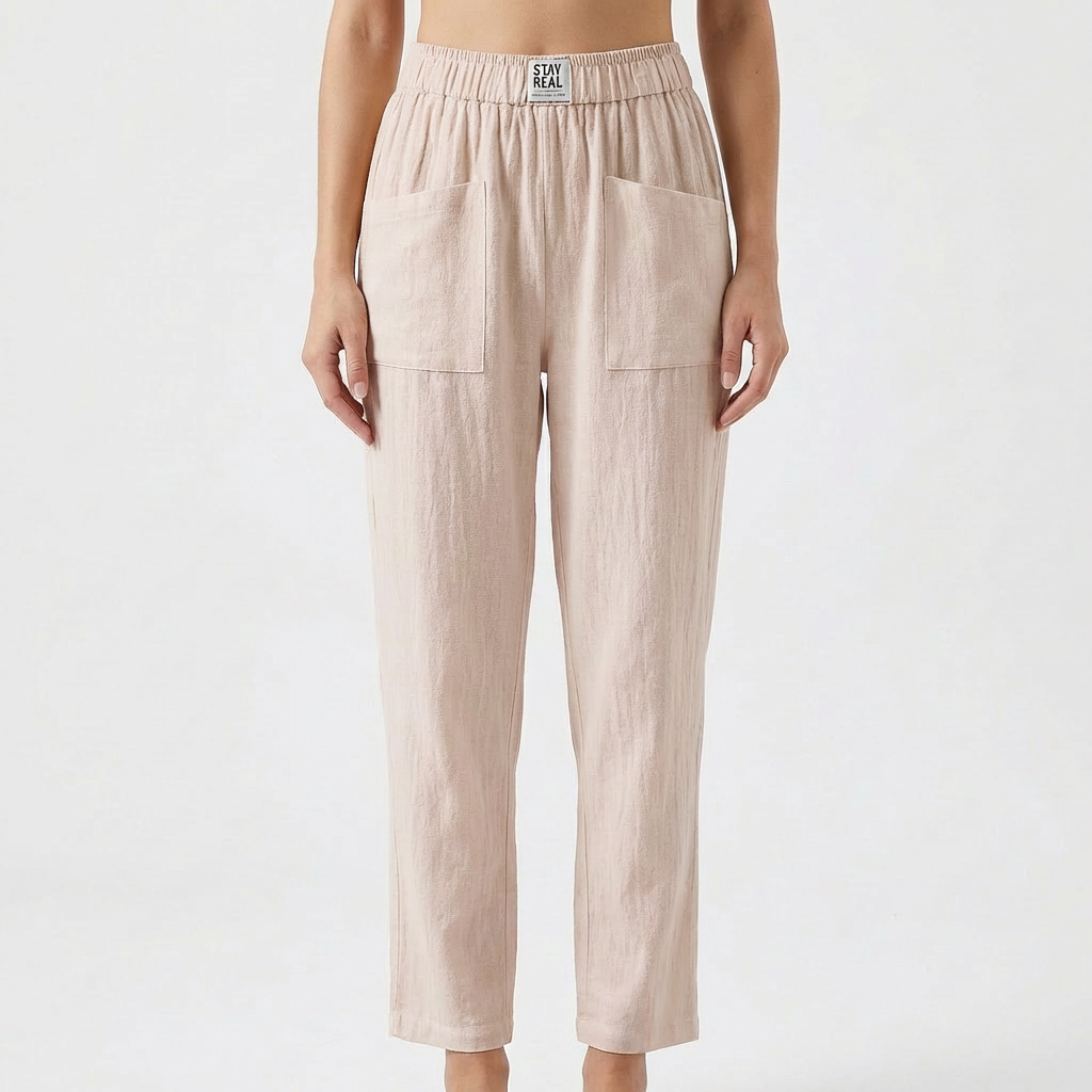 Pantalones de Algodón y Lino para Mujer con Cintura Elástica y Bolsillos de Parche