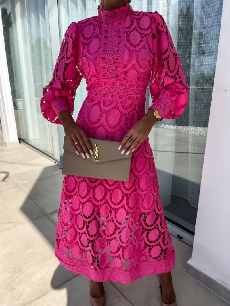 Vestido Largo de Mujer de Poliéster con Encaje Calado y Mangas Abullonadas