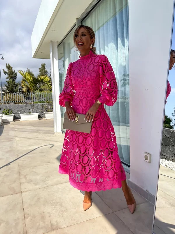 Vestido Largo de Mujer de Poliéster con Encaje Calado y Mangas Abullonadas