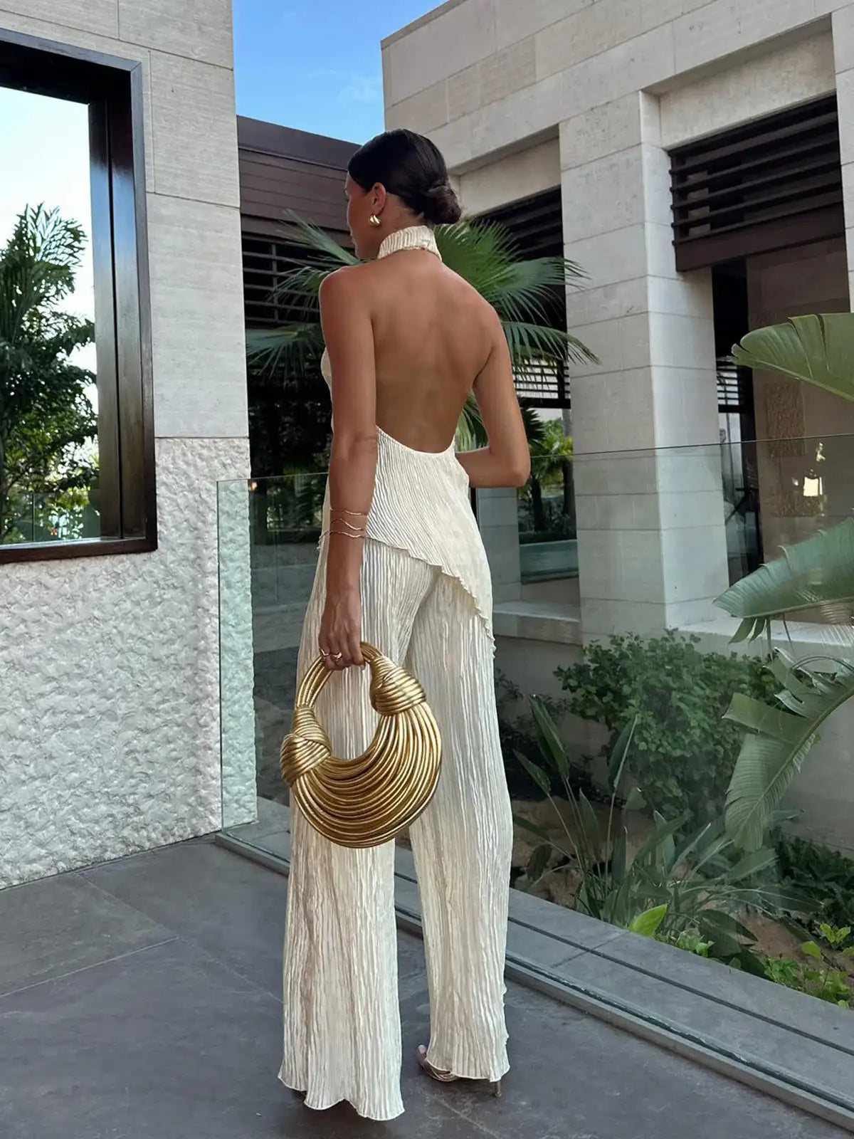 Conjunto de Pantalón y Top Halter para Mujer de Poliéster Plisado de Dos Piezas