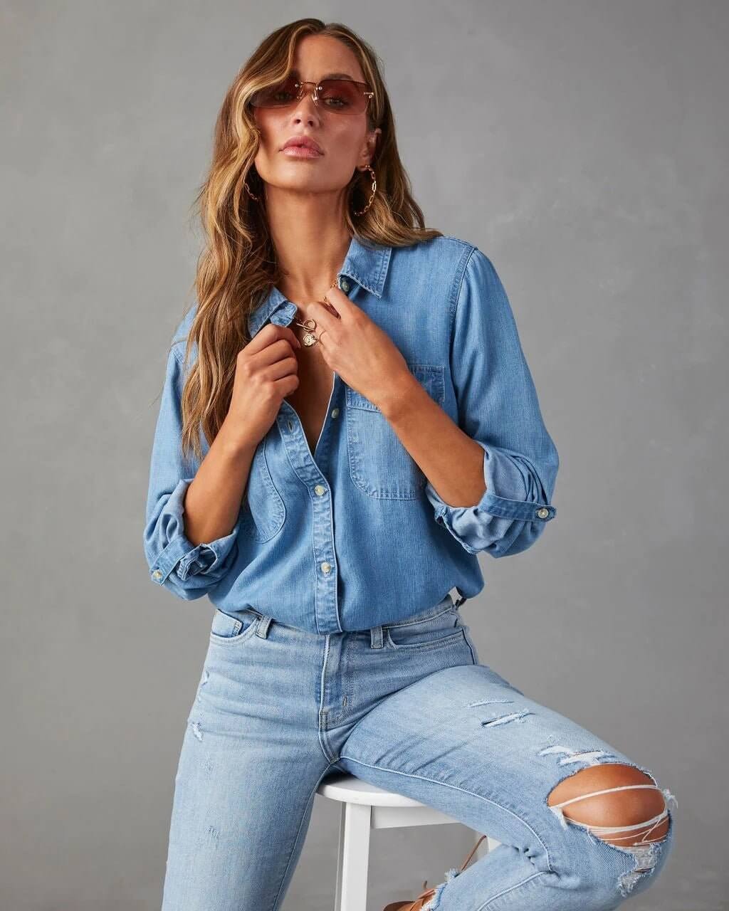 Camisa de Mezclilla de Poliéster para Mujer con Cuello Desplegable y Manga Larga