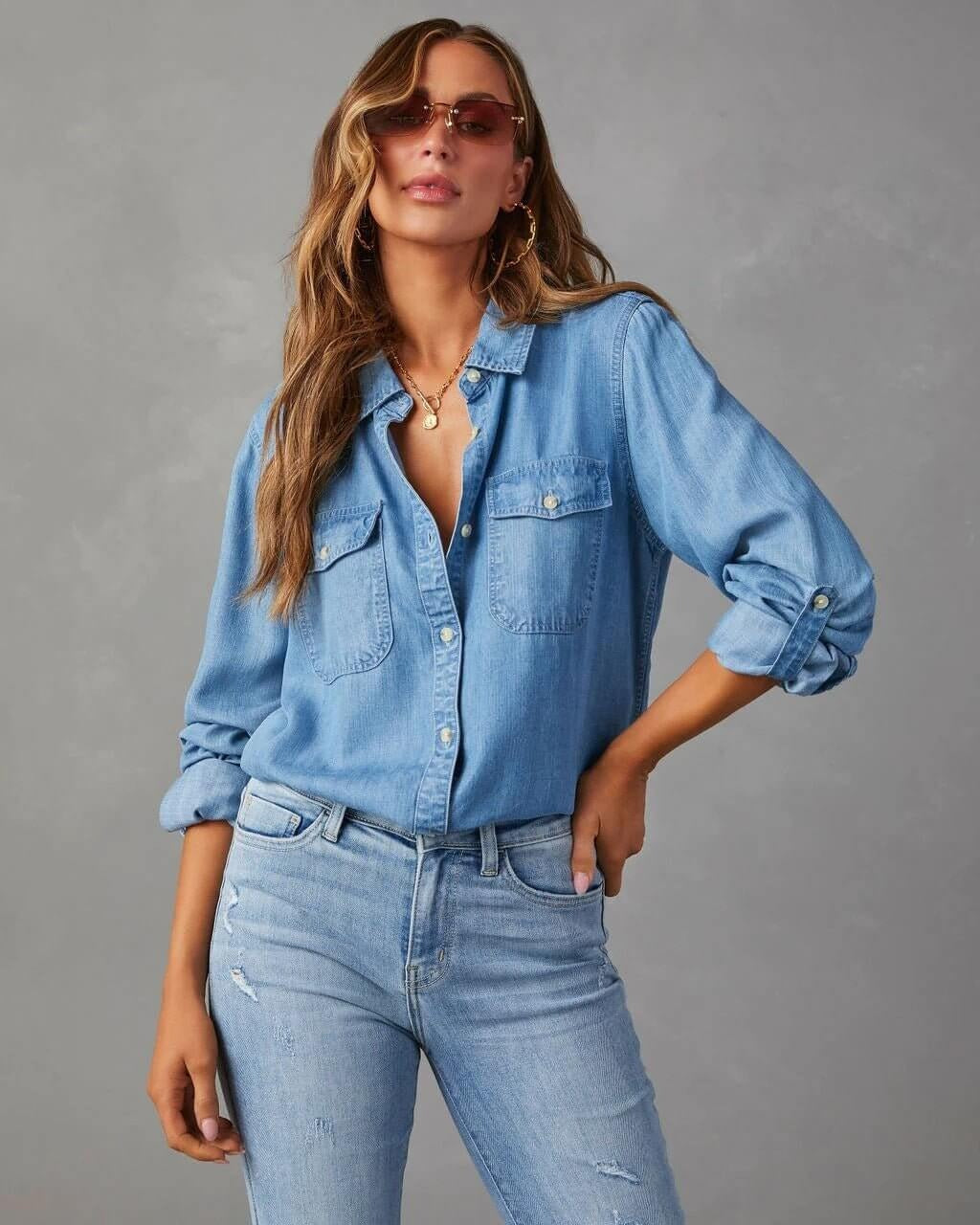 Camisa de Mezclilla de Poliéster para Mujer con Cuello Desplegable y Manga Larga