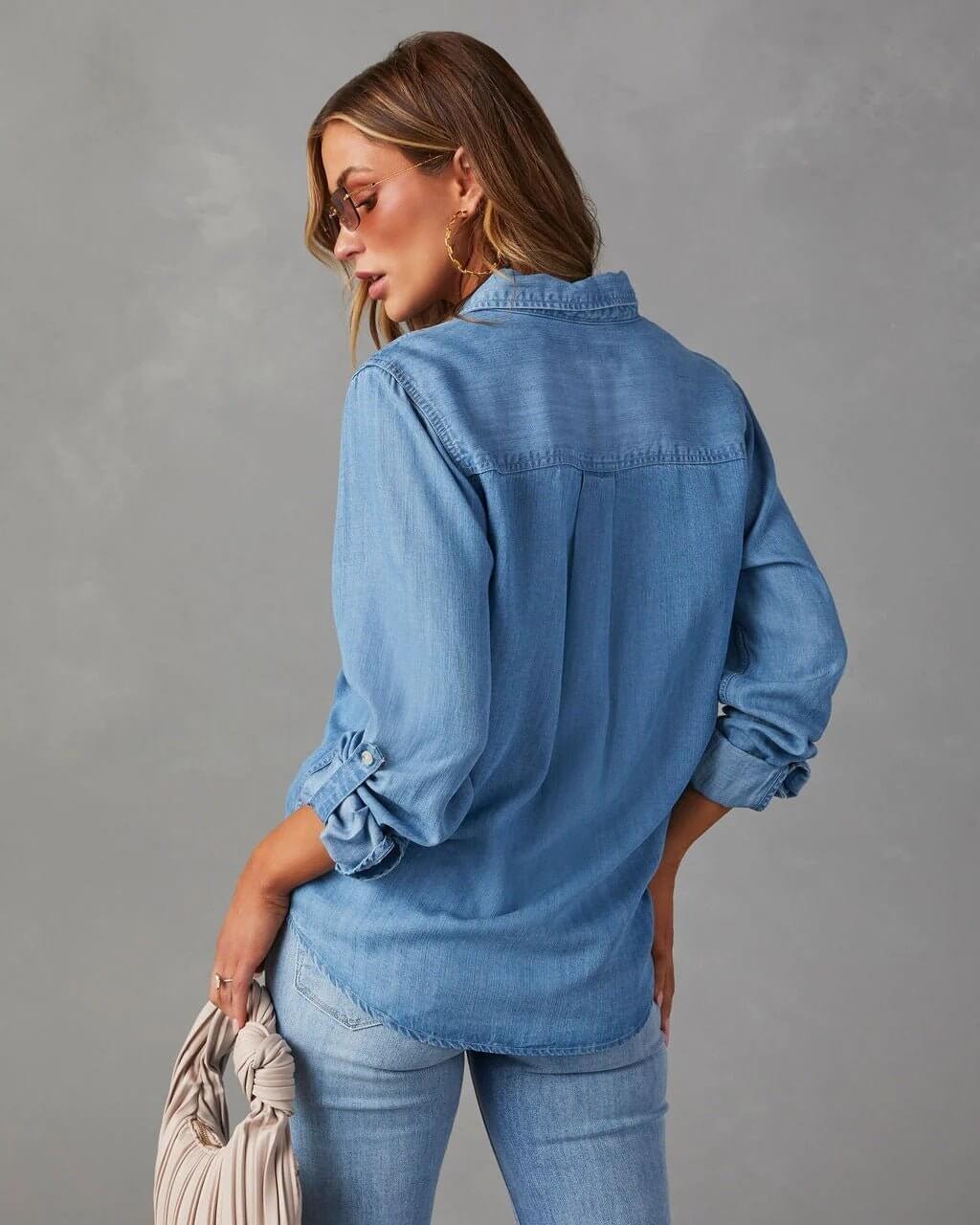 Camisa de Mezclilla de Poliéster para Mujer con Cuello Desplegable y Manga Larga
