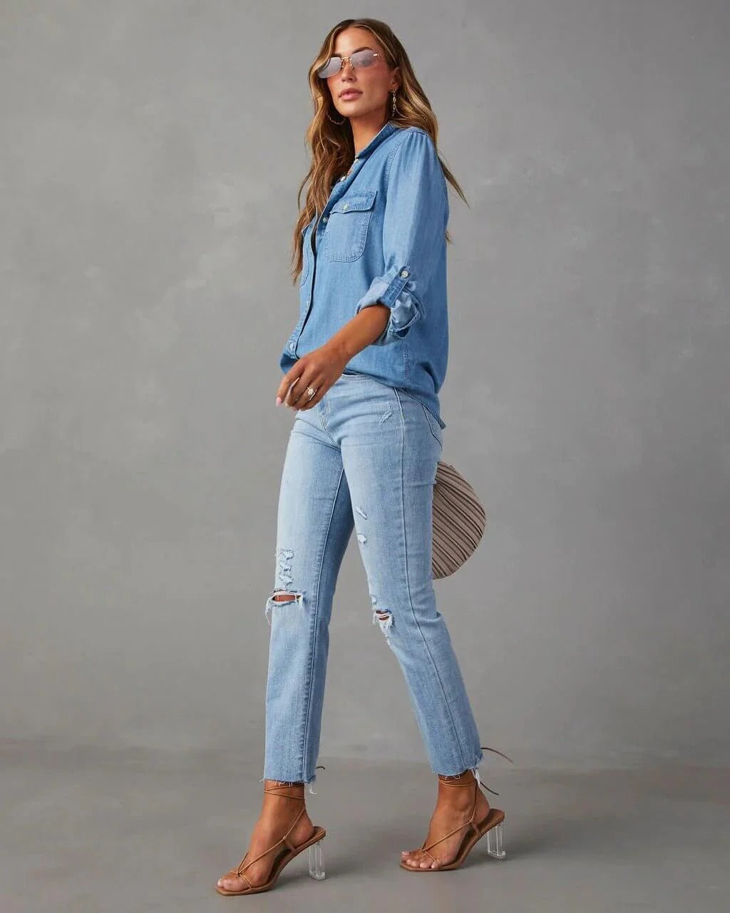Camisa de Mezclilla de Poliéster para Mujer con Cuello Desplegable y Manga Larga