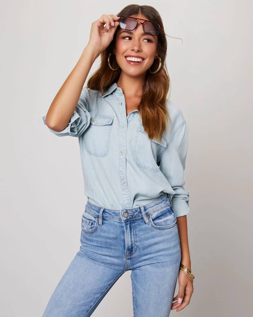 Camisa de Mezclilla de Poliéster para Mujer con Cuello Desplegable y Manga Larga