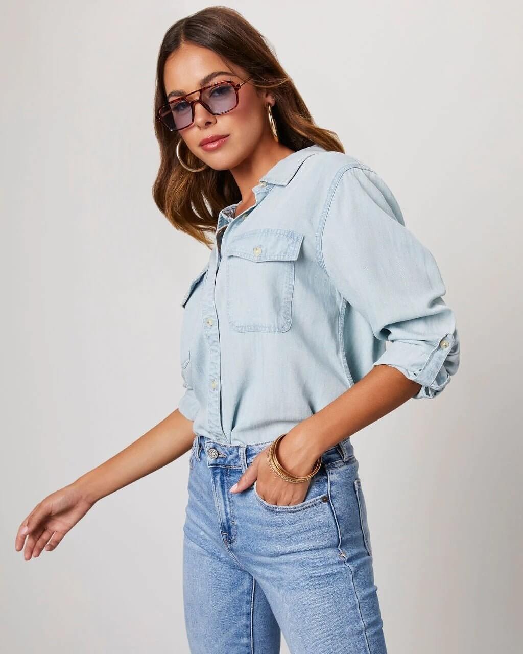 Camisa de Mezclilla de Poliéster para Mujer con Cuello Desplegable y Manga Larga