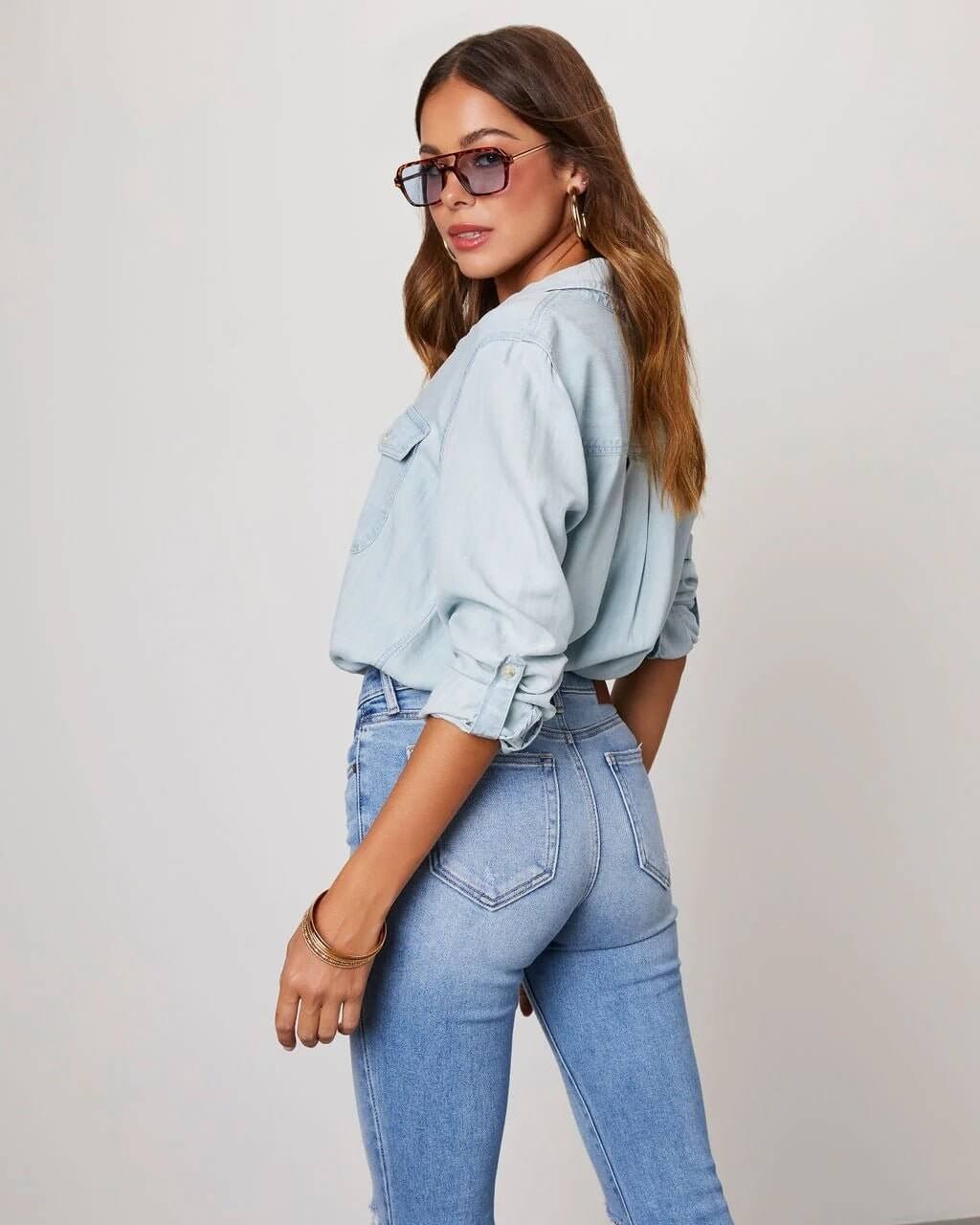 Camisa de Mezclilla de Poliéster para Mujer con Cuello Desplegable y Manga Larga