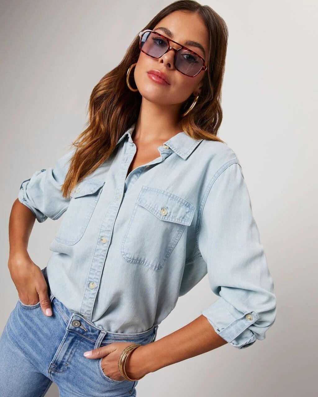 Camisa de Mezclilla de Poliéster para Mujer con Cuello Desplegable y Manga Larga