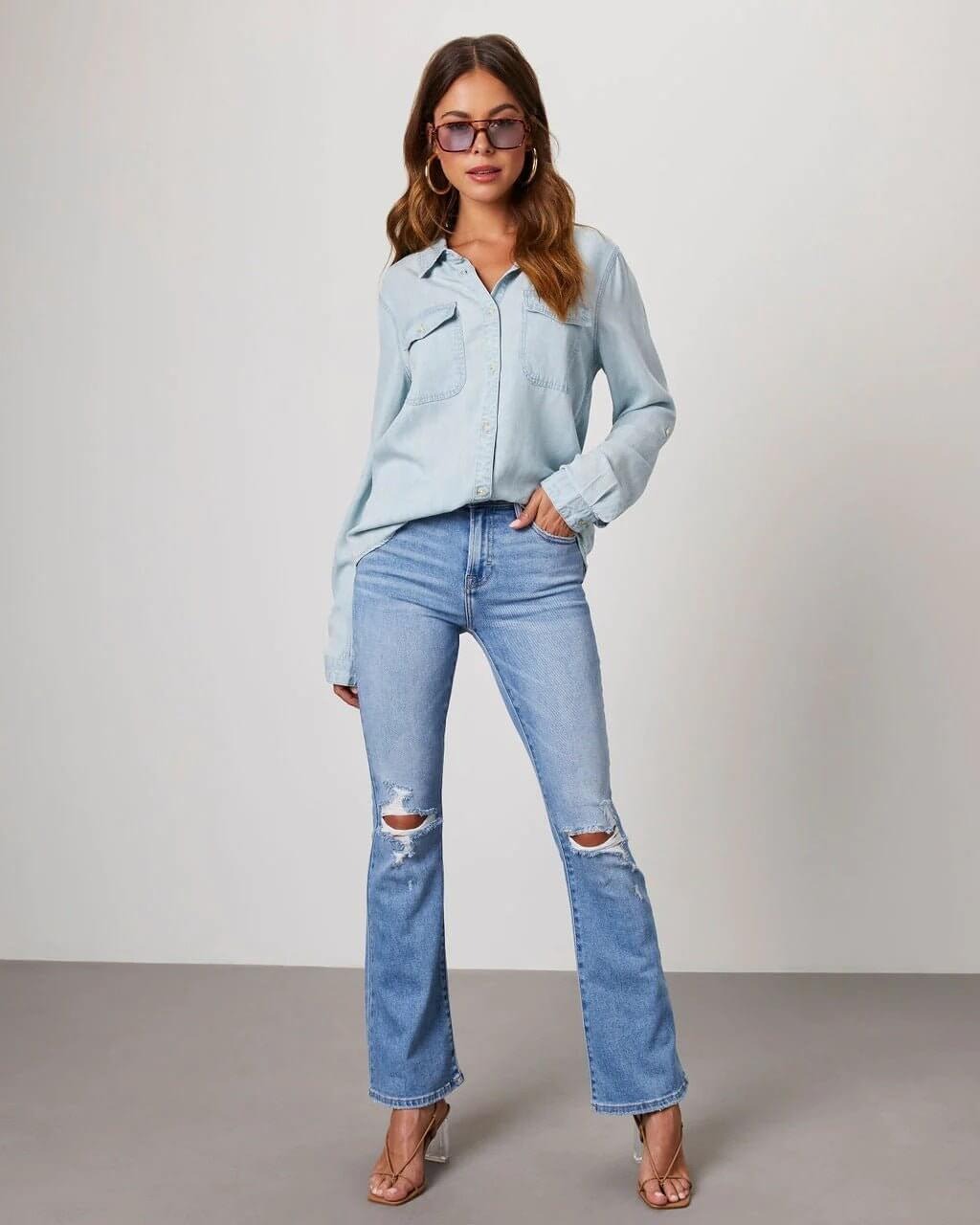Camisa de Mezclilla de Poliéster para Mujer con Cuello Desplegable y Manga Larga