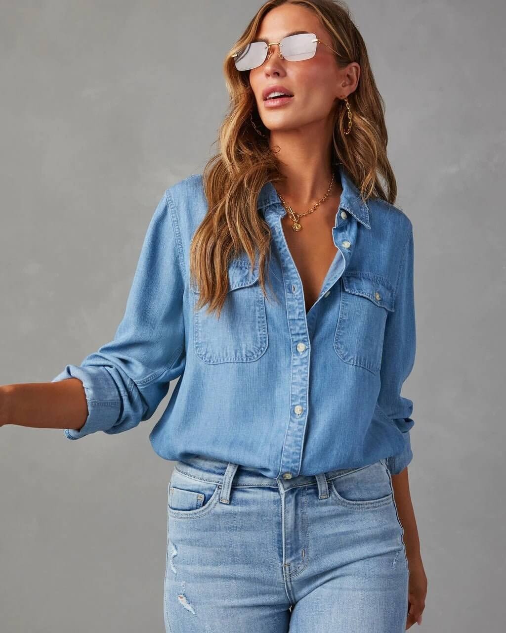 Camisa de Mezclilla de Poliéster para Mujer con Cuello Desplegable y Manga Larga