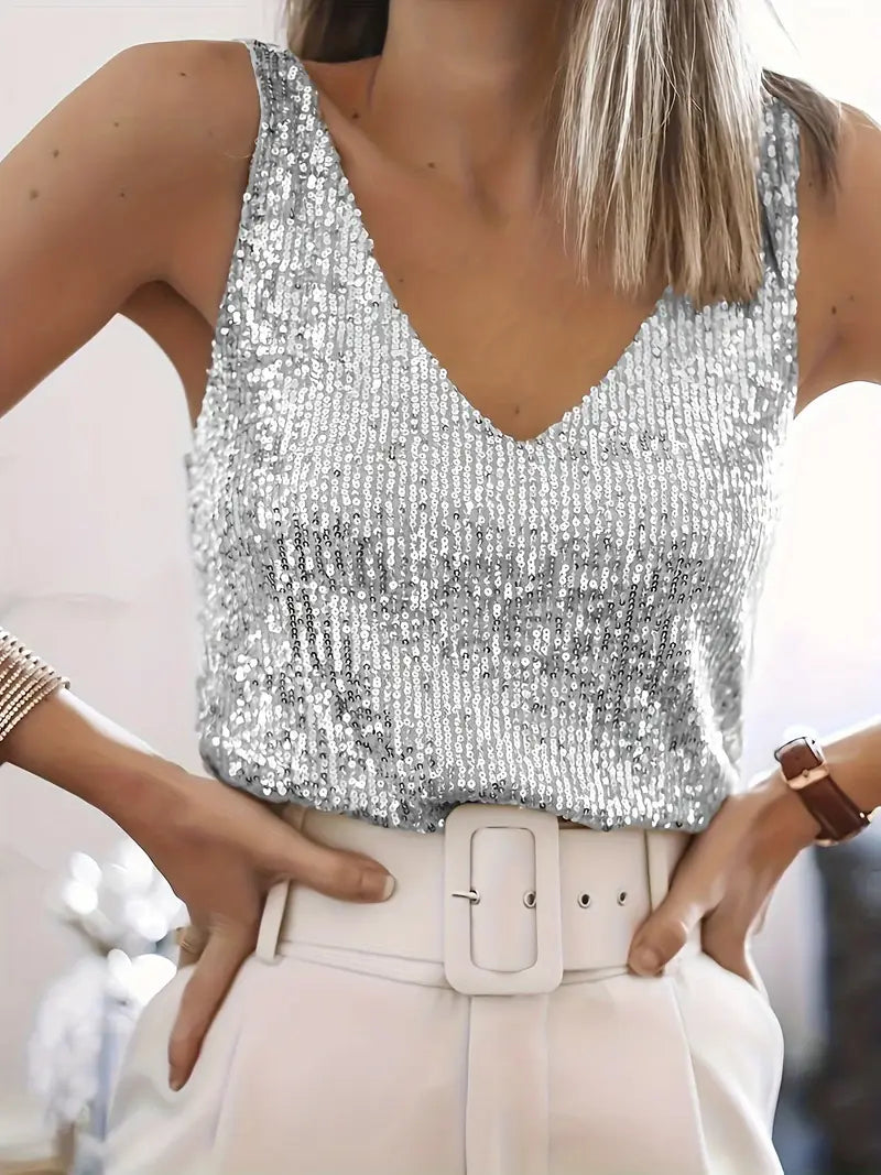Top de Tirantes con Lentejuelas y Cuello en V para Mujer Estilo Elegante de Fiesta