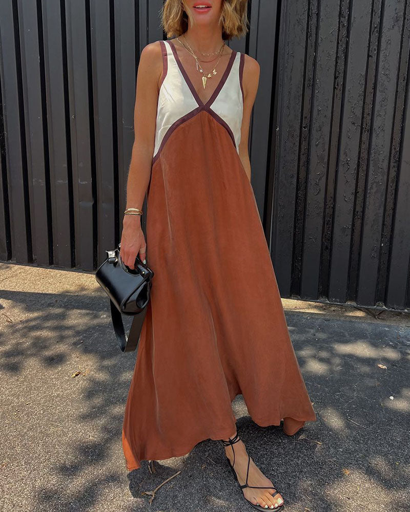 Vestido Largo de Poliéster con Cuello en V y Diseño de Patchwork en Contraste