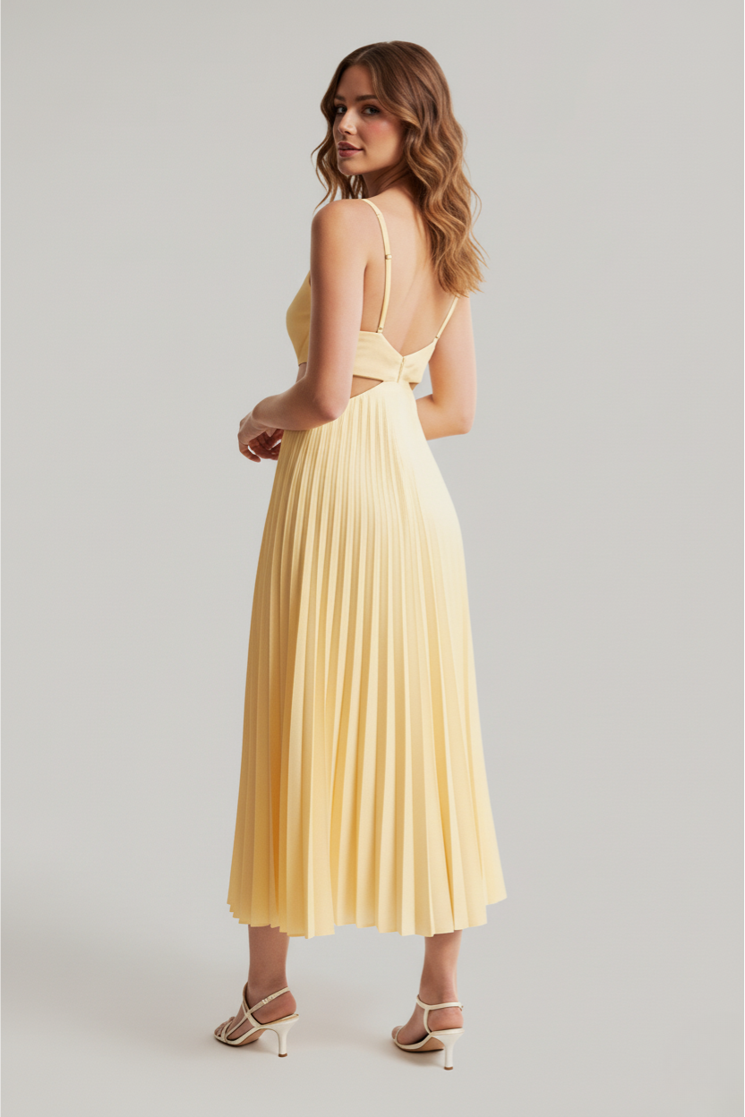 Vestido Largo de Poliéster y Spandex con Cuello en V Plisado y Cintura Descubierta