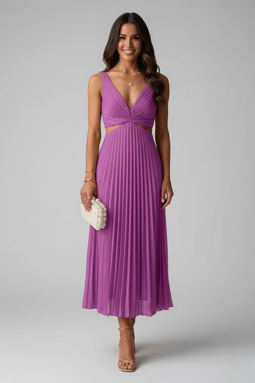 Robe longue en polyester et spandex avec col en V plissé et taille dégagée
