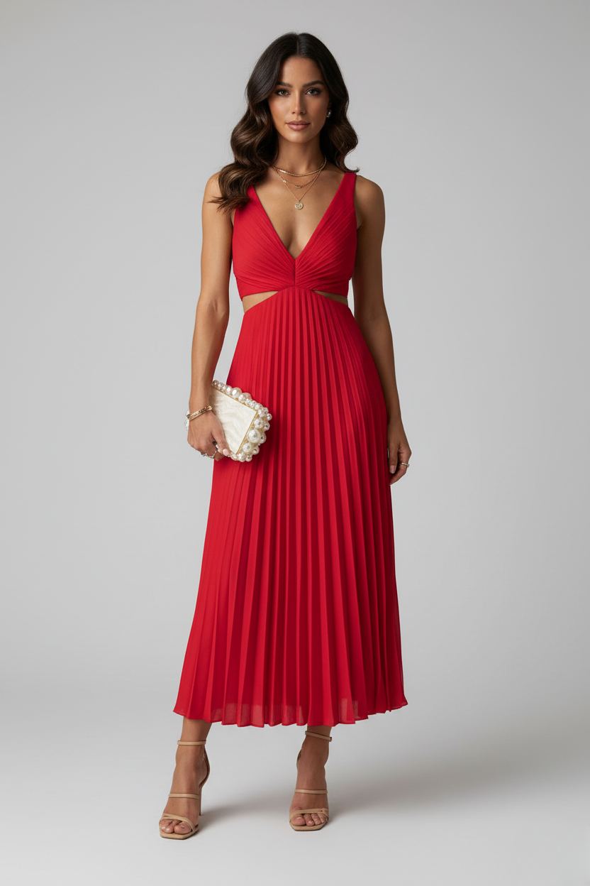 Vestido Largo de Poliéster y Spandex con Cuello en V Plisado y Cintura Descubierta