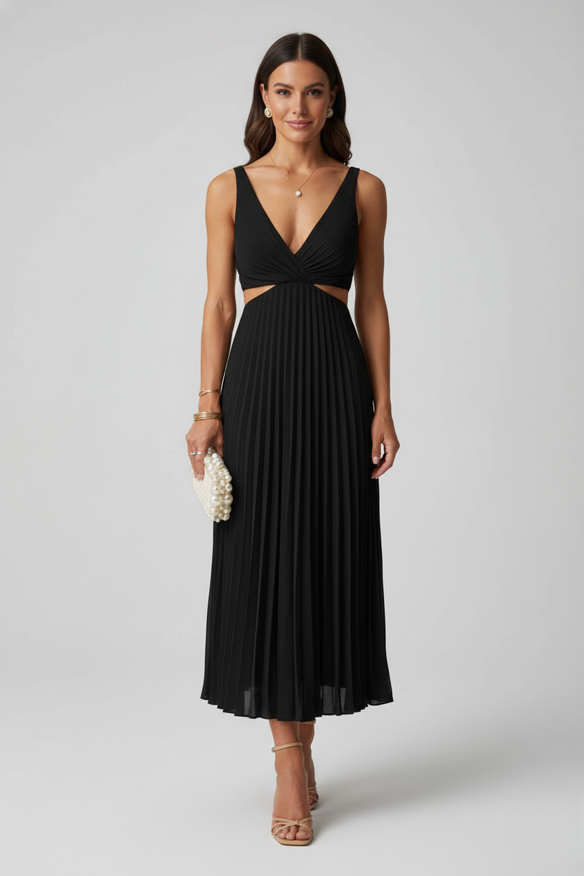 Vestido Largo de Poliéster y Spandex con Cuello en V Plisado y Cintura Descubierta