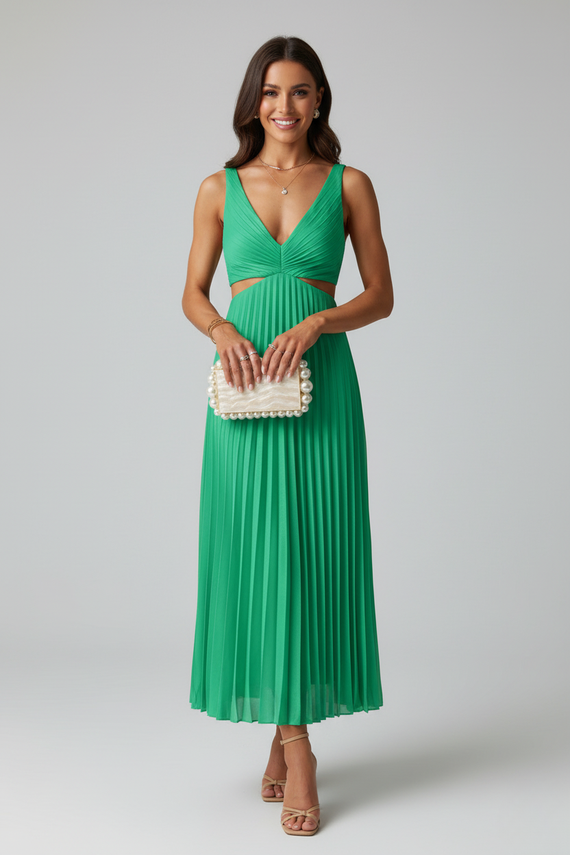 Vestido Largo de Poliéster y Spandex con Cuello en V Plisado y Cintura Descubierta
