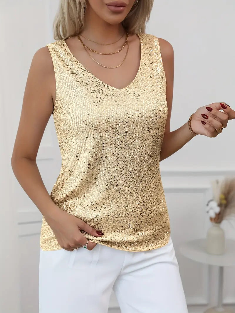 Top de Tirantes con Lentejuelas y Cuello en V para Mujer Estilo Elegante de Fiesta