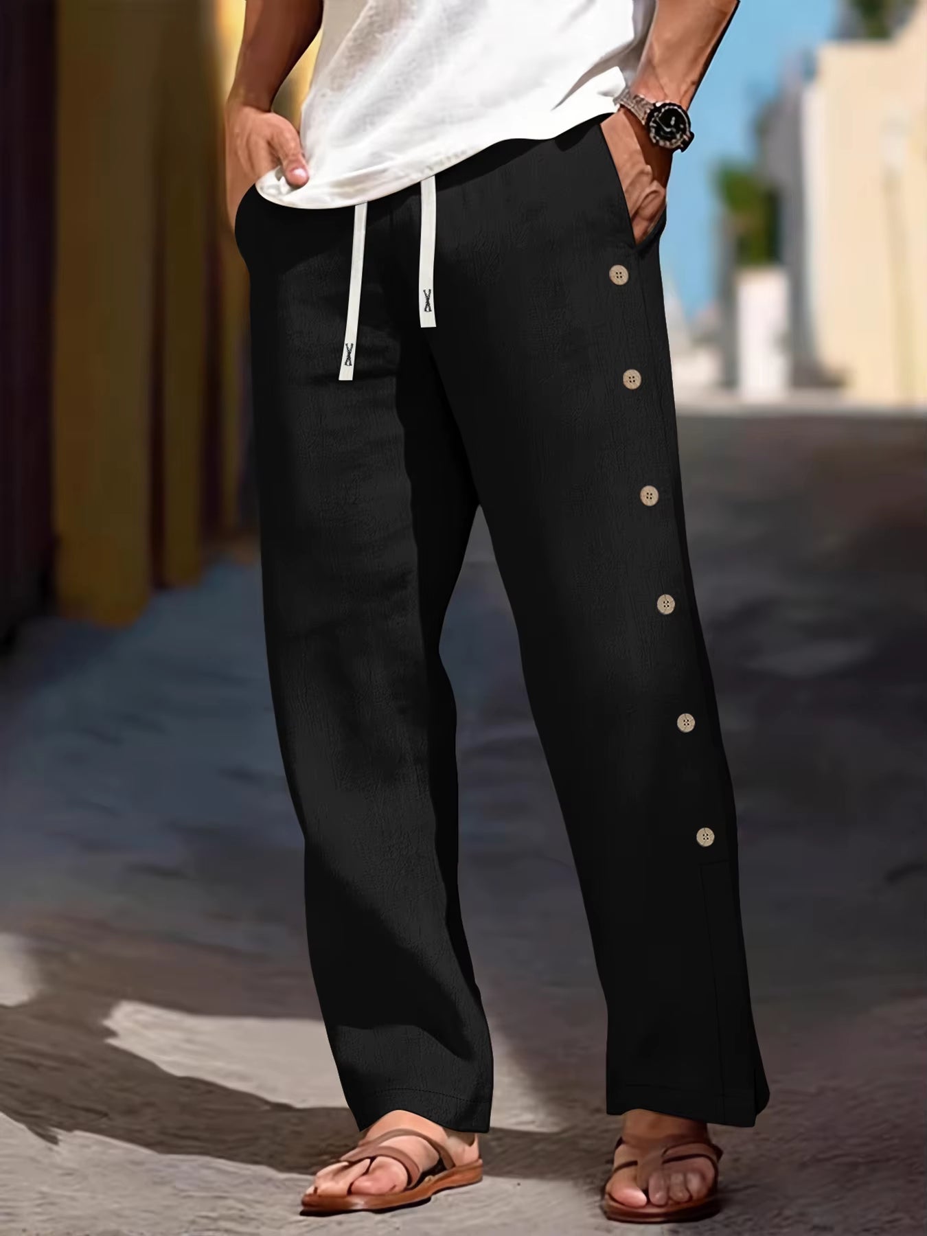 Pantalones de Lino para Mujer con Cintura Elástica y Detalle de Botones Laterales