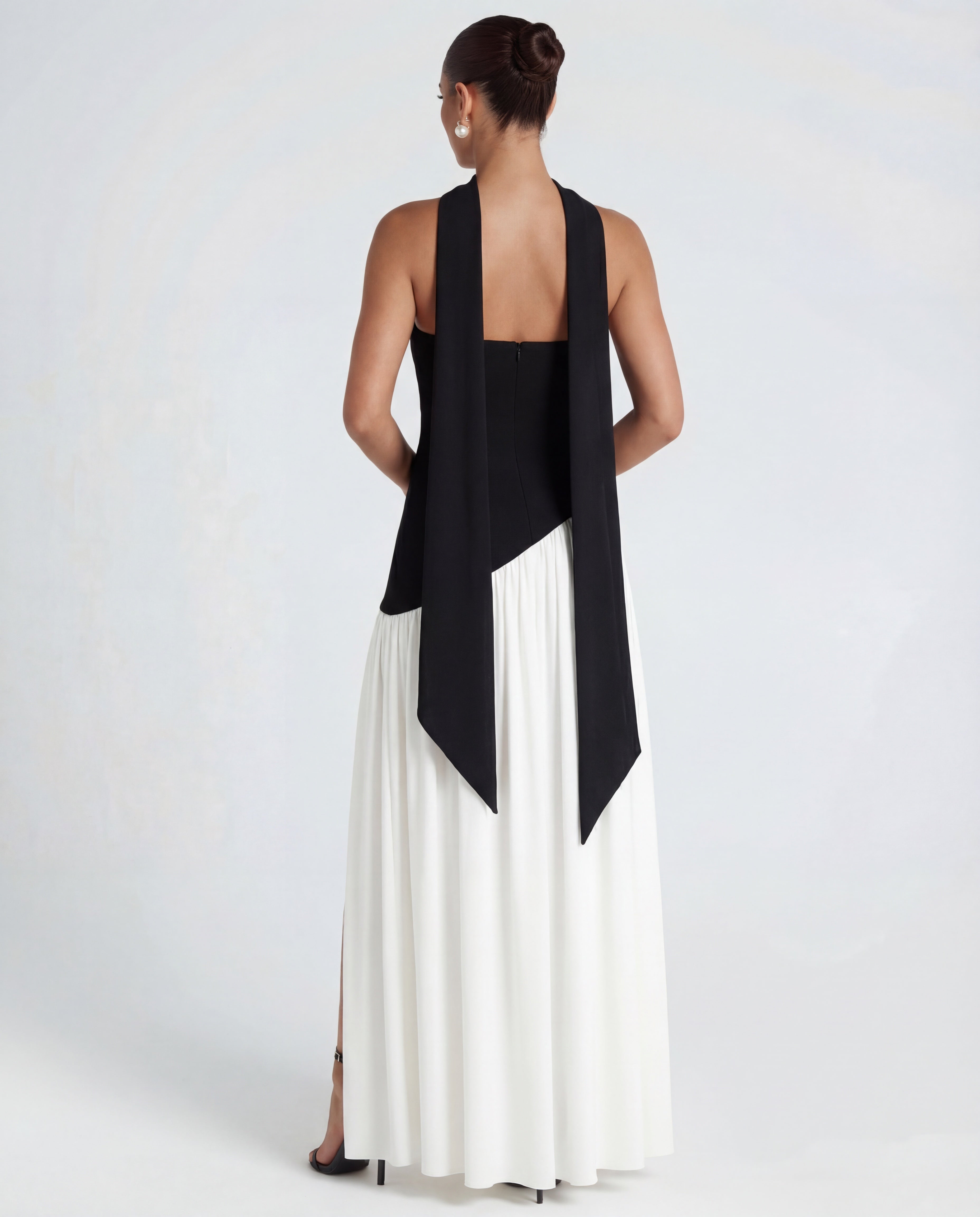 Vestido largo mujer — corpiño palabra de honor y cuello drapeado | fiesta