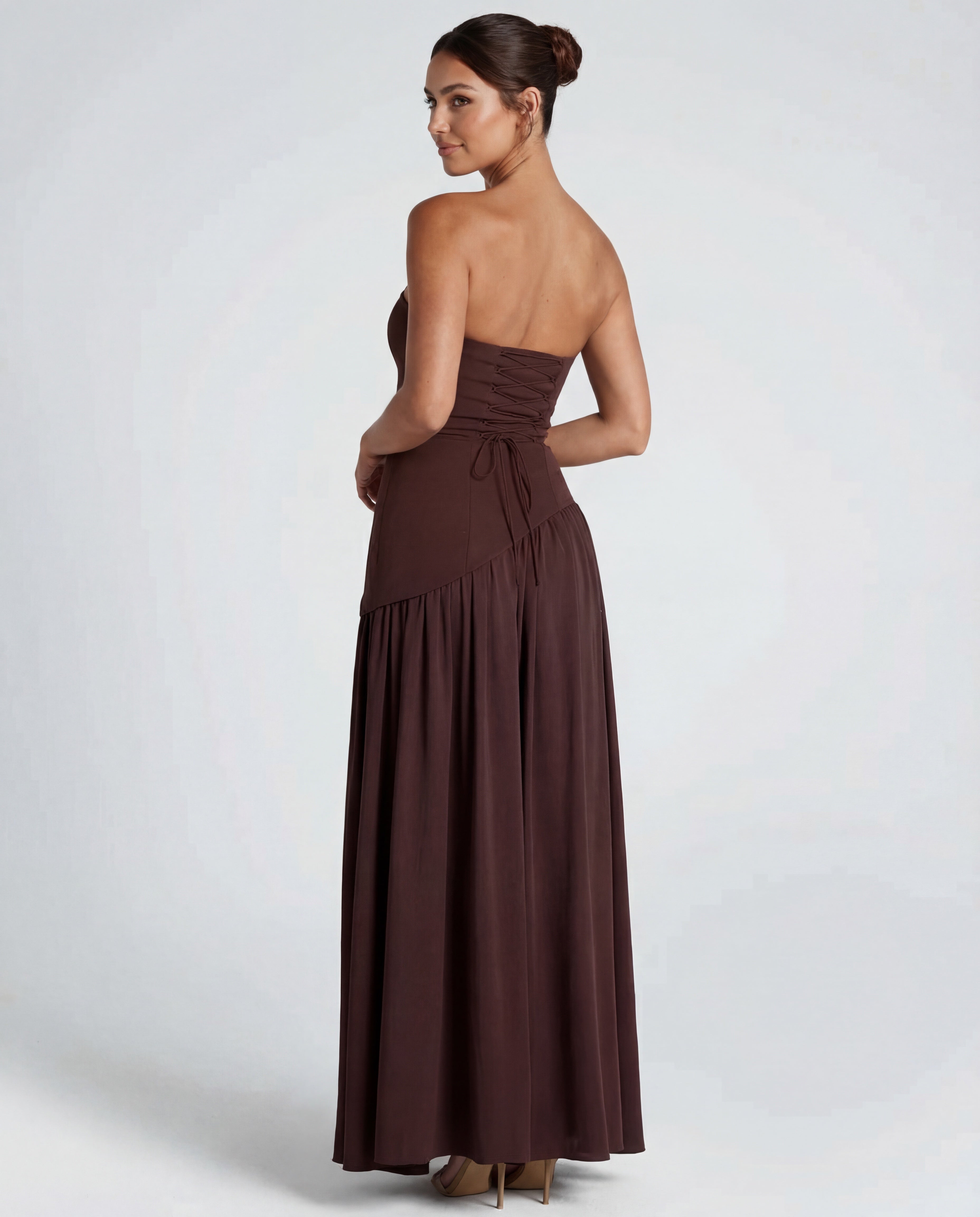 Vestido largo mujer — corpiño palabra de honor y cuello drapeado | fiesta