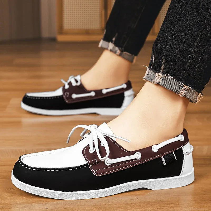 Mocassins de lona para homem estilo slip-on com sola de borracha e biqueira redonda