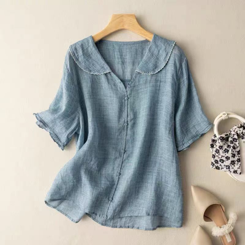 Blusa de Lino Estilo Vintage con Cuello Festoneado y Botones para Mujer