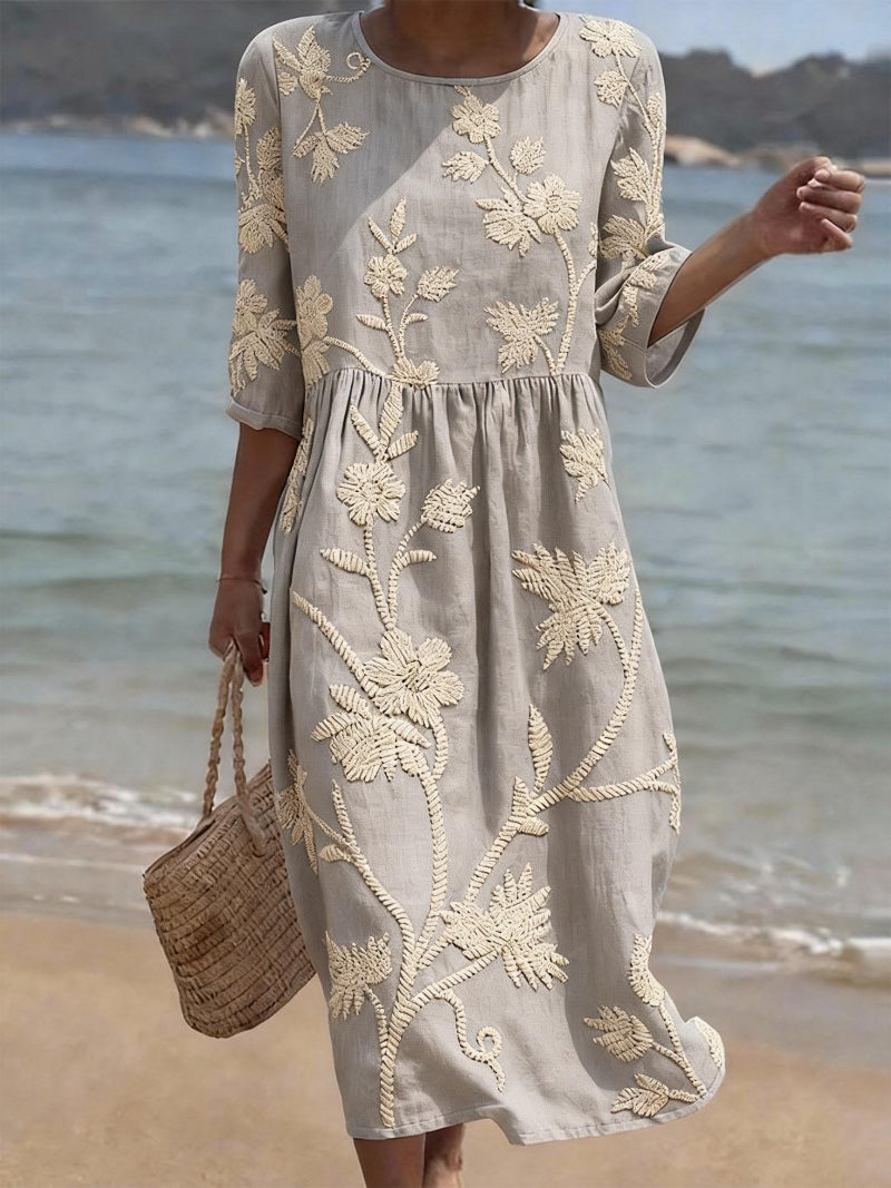 Vestido midi mujer bordado floral cuello redondo cómodo